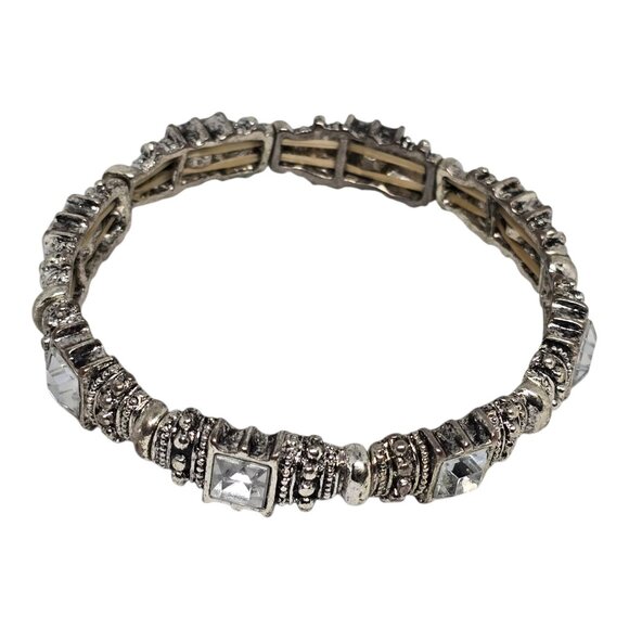 Jewelry - Vintage Silver Tone Stretch Bracelet Clear Rhinestone Crystal Square Ornate